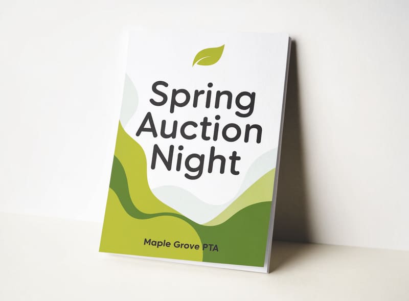 Sample fundraiser flyer reading “Spring Auction Night” for a fictional PTA, in green branded tones