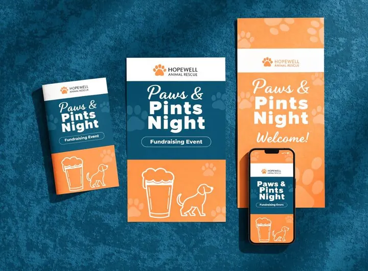 Sample composite of Paws & Pints Night flyer, poster, and Instagram post in a navy-and-orange paw-print theme carrying the fictional Hopewell Animal Rescue's logo