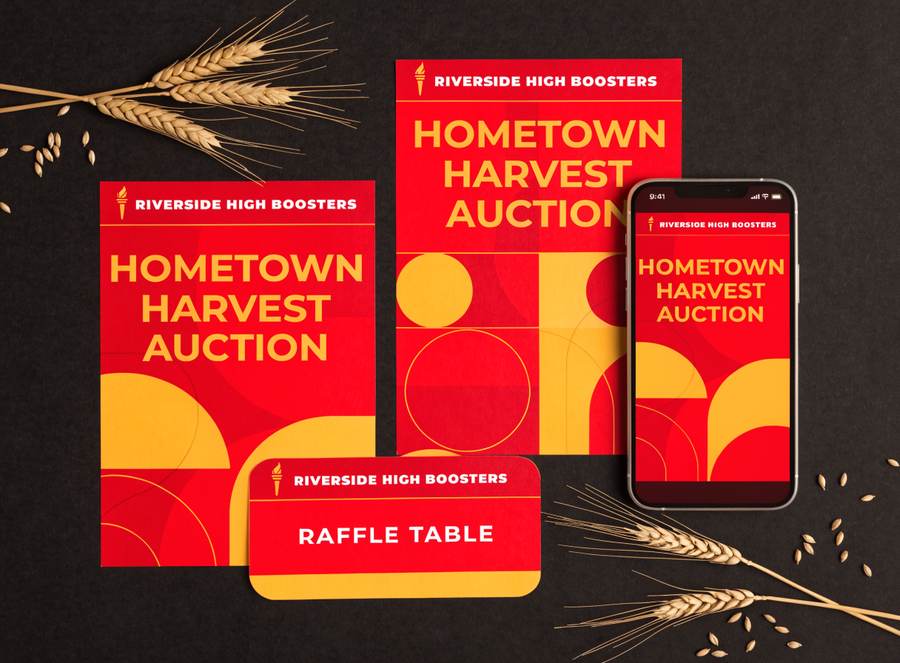Sample composite of Harvest Auction poster, invitation, and raffle-table card in a red-and-gold geometric theme carrying the fictional Riverside High Boosters' logo